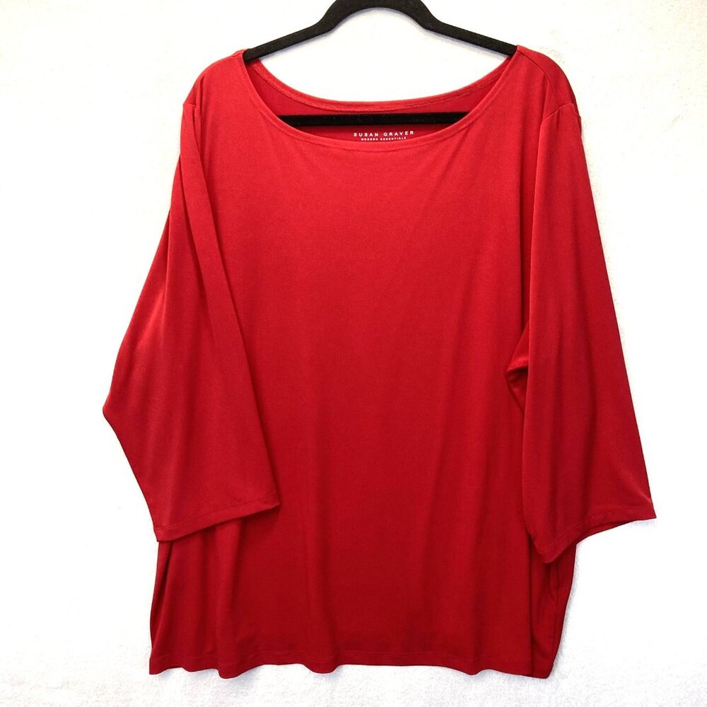 Susan Graver 3/4 Sleeve Shirt Womens 3X Red Stretch Boat Neck Pullover Top EUC